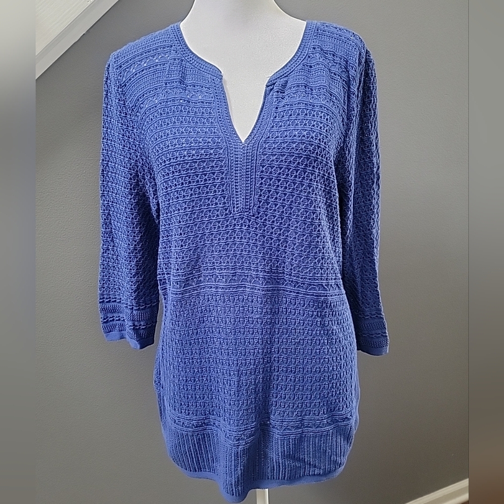 Talbots Sweater Split Neck Open Stitch Blue Cotton Blend Tunic MP - Picture 2 of 6